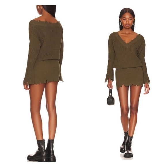 SER.O.YA x Revolve Maude Army Green Long Sleeve Bodycon Distressed sweater dress - Picture 2 of 10